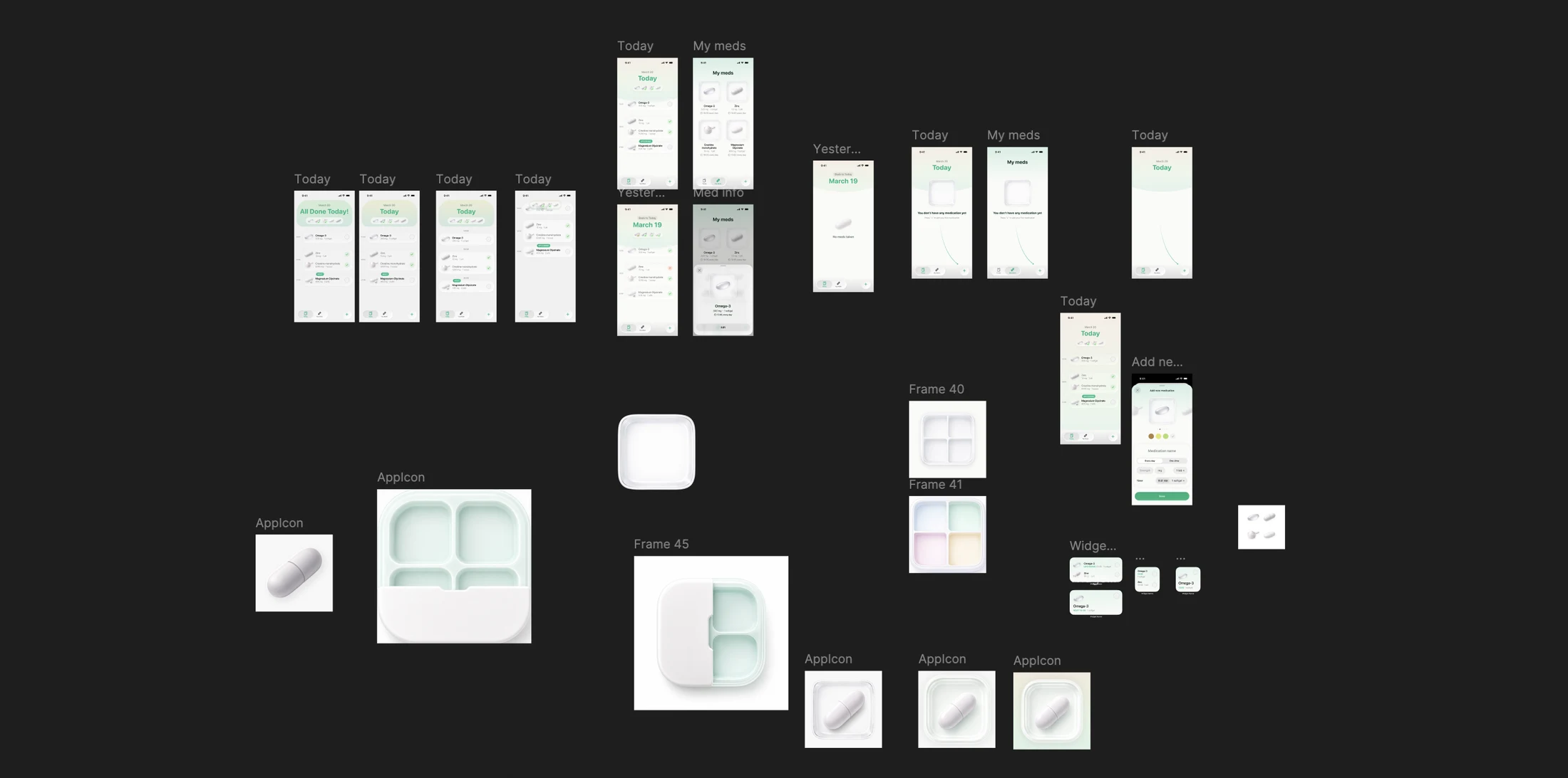 Pillbox in Figma: early screens, app icon ideas and widgets