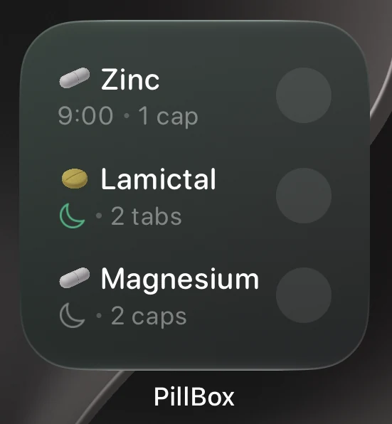 The widget with the missed 9:00 dose of Zinc above the evening doses